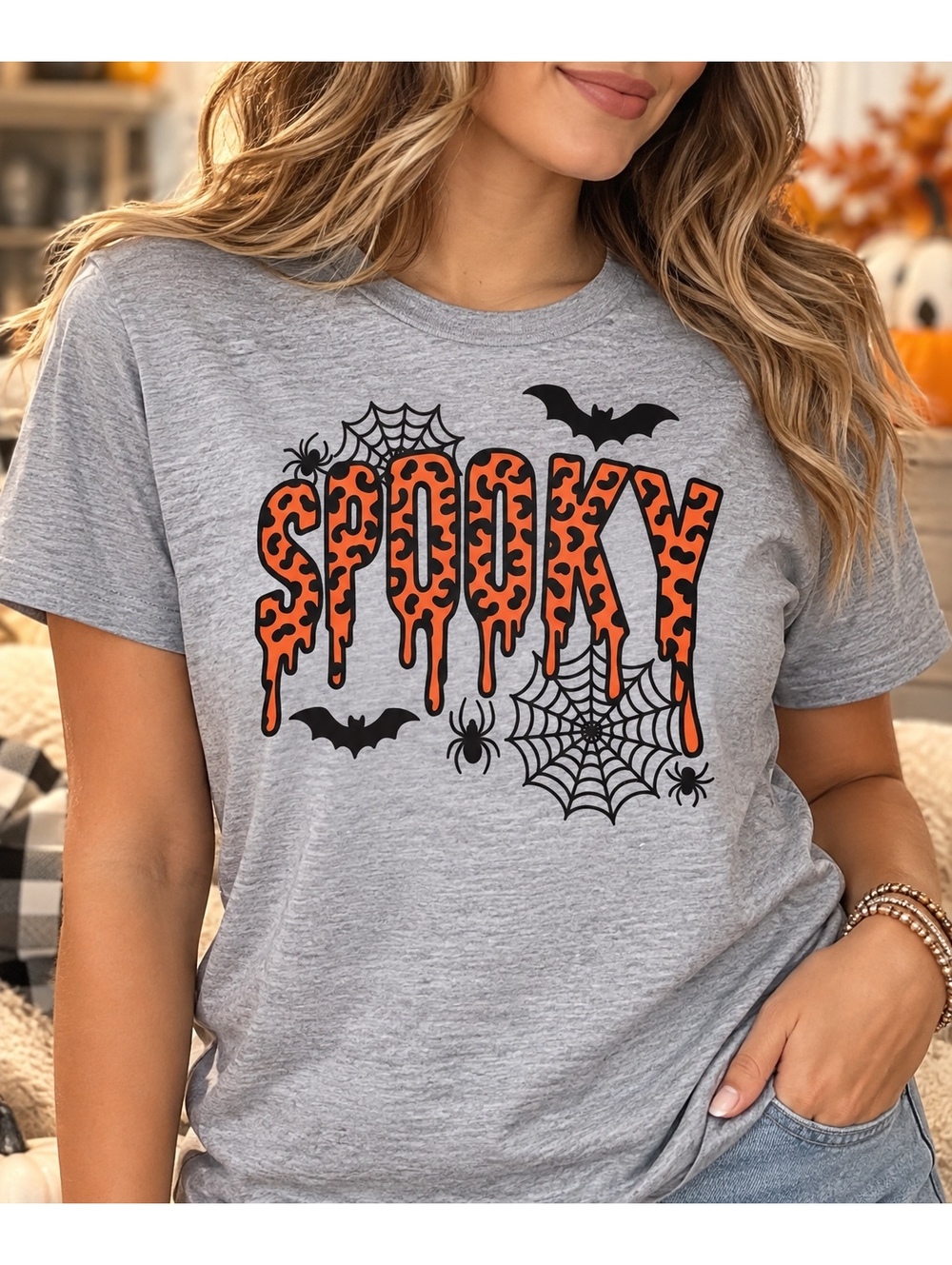Gray Spooky Halloween Graphic T-Shirt for Women